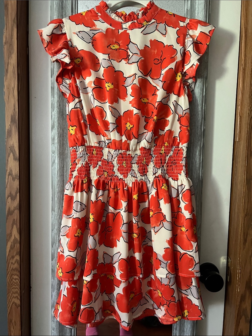 THML Red Floral Smocked Waist Mini Dress